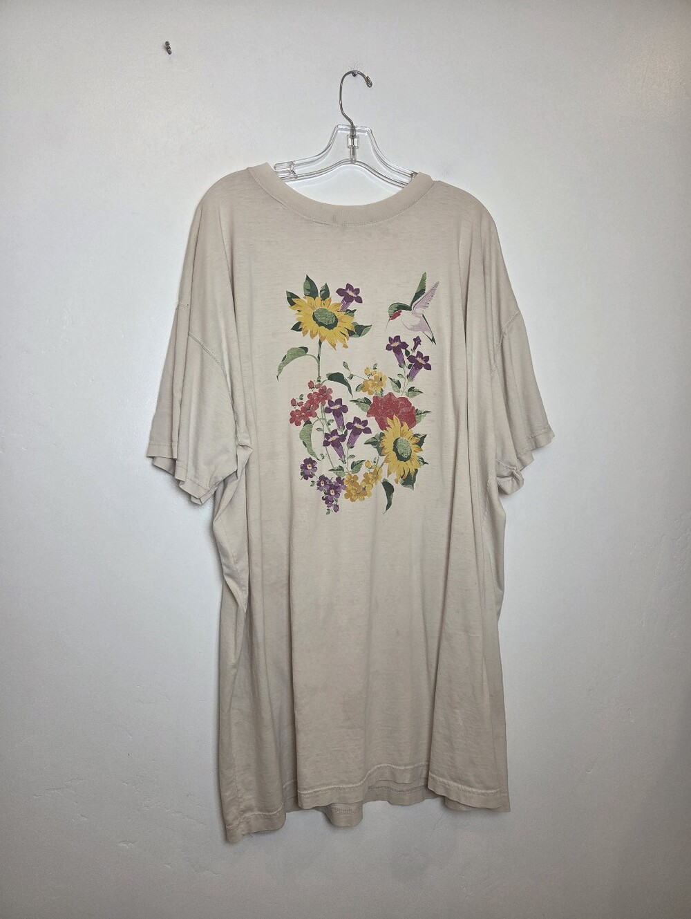 Vintage Hummingbird Floral Night Shirt T-Shirt Oversized Distressed Well Worn